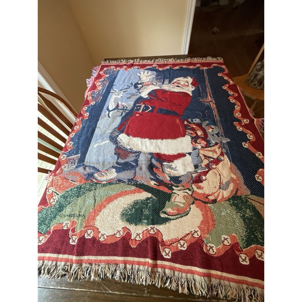 VTG Hallmark Santa Tapestry Throw Blanket 58 x 48" Christmas Goodwin Weavers USA
